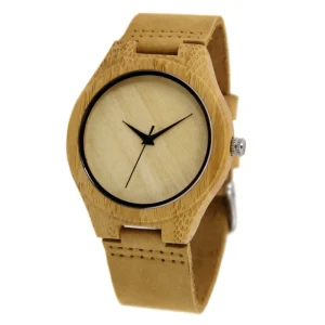 Men’s Wood Wristwatch Round Bamboo Leather Watch No Index Anniversary Wedding Gift