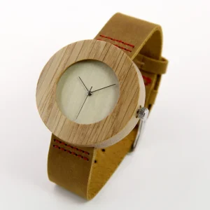 Men’s Wood Wristwatch Round White Oak Wood Leather Watch Anniversary Wedding Gift for Him Father’s Day Groomsmen Gift