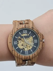 Men’s Wooden Mechanical Watch with Skeleton Back Cover Charm Design Pointer Dial