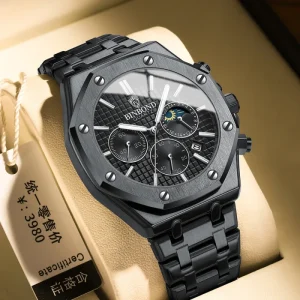 Men’s Wrist Watch Custom Logo OEM Designer Stainless Steel Multi-Function Water Resistant Moon Watch