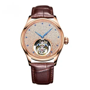 Men’s Wristwatch Full Diamond Stainless Steel Skeleton Real Tourbillon Mechanical Watch