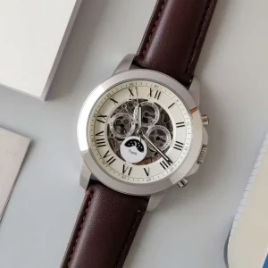 Men’s sport automatic mechanical watch, leather watchband 22mm, pointer dial, stainless steel case, 50m water resistance