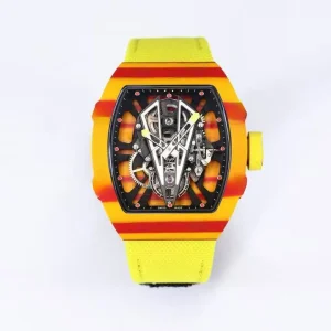 Men’s watch with visible dial and carbon fiber skeletonized design in yellow and red