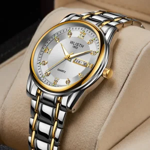 Minimalist Business Quartz Men Watch Dual Calendar Stainless Steel Two Tone Waterproof Fashion Wristwatch