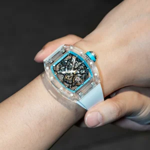 Minimalist Design Hangzhou Luxury Tonneau Men’s Mechanical Watches Sapphire Crystal Blue Transparent Dial 44mm Luminous Hands