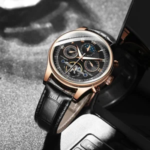 Minimalist Luxury Limited Edition 3BAR Water Resistant Business Moon Phase Leather Band Analog Dial Automatic Mechanical Men’s Watch