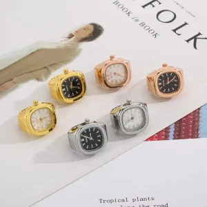 Minimalist Square Quartz Ring Watch Real Time Functional Finger Watches 5 Color Dial 3 Plating Case Stainless Steel Elastic Band