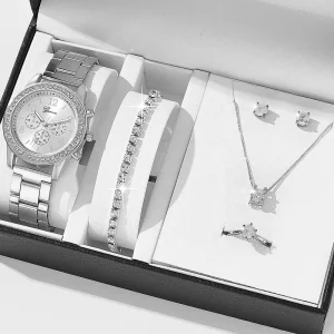 Minimalist Style Five Piece Set Rose Gold Plated Cubic Zircon Female Exquisite Watch Jewelry Set for Women Gift