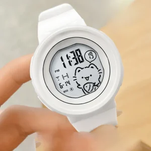 Minimalist White Rubber Strap Water Resistant Fashion Watch Cartoon Cat Design for Teenagers Daily Use Unisex Watch