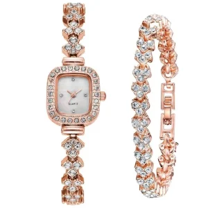 Minimalist Women’s Watch Full Diamond Square Bracelet Watch Two-piece Set Quartz Watch
