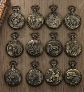 Mix 12 Animal Designs Small Size Bronze Pocket Watch Vintage Clock Men Women Necklace Chain Pendant Pocket Watch