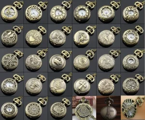 Mix 30 Designs Small Size Classic Bronze Dia 27MM Vintage Antique Heart Hollow Pocket Watch