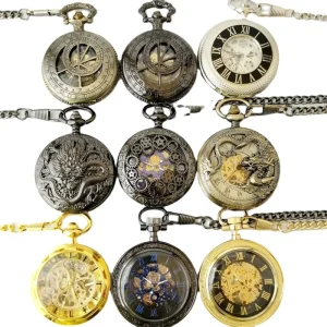 Mix 9 Vintage Stainless Steel Hollow Automatic Mechanical Pocket Watch