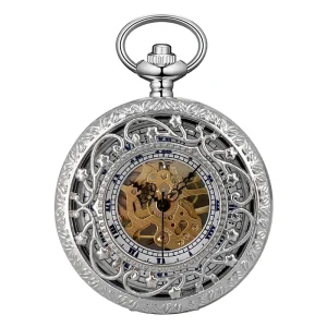 Modern Mechanical Pocket Watch Hollowed Flip Dial Zinc Alloy Case with Chain