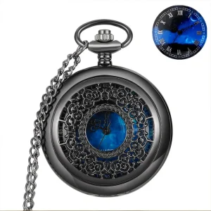 Modern Printed Stainless Steel Case Blue Arabic Digital Quartz Pendant Starry Silver Dial Gift Pocket Watch