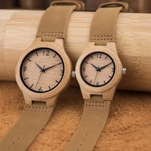 Montre a Quartz Bamboo Wooden Watches Leather Strap Quartz Watch for Men and Women
