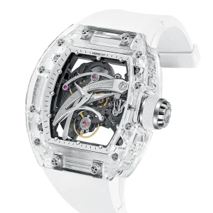 Moon White Openwork Tourbillon Automatic Mechanical Watch, Transparent Case Men’s Sport Wristwatch