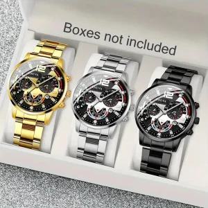 Multi-Color Men’s Watch with Luminous Pointer, Large Numbers, Calendar, Steel Band, Analog Display