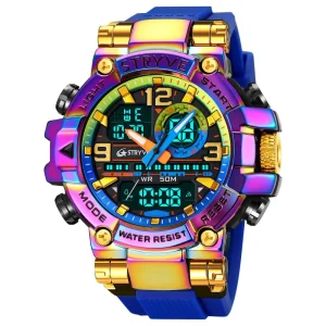 Multi Function Dual Time Display Luminous Digital Metal Men’s Watch Waterproof Colorful Silicone Strap Sports Watch