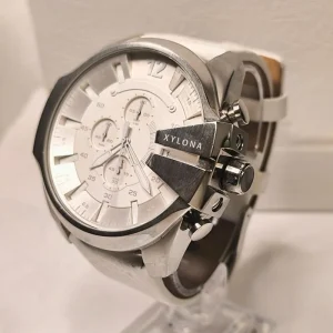 Multi functional Four time Zone Stainless Steel Quartz Wristwatch for Men Leather Watch