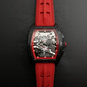 Multicolor Hollow Skeleton Watch Iridescent Dial Silicone Strap Tonneau Wristwatch for Men Daily Sports Wear