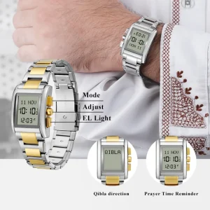 Muslim Arabic Islamic Luxury Square Digital Azan Watch with 18mm Stainless Steel Band Waterproof 3BAR Stop Watch