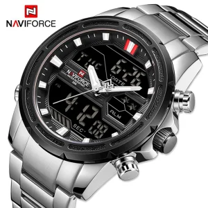NF9138 Men’s Stainless Steel Digital Sports Watch Waterproof Quartz Alarm Clock