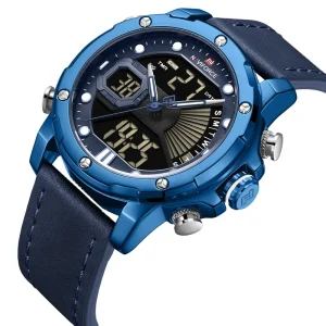 NF9172 Dual Display Multi Time Mode Leather Black Sports Watch for Men Waterproof Digital