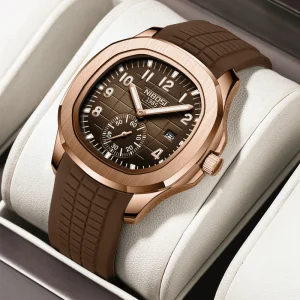 NIBOSI 2653 Fashion Mens Trendy Auto Date Chronograph Silicone Stainless Steel Band Quartz Watch