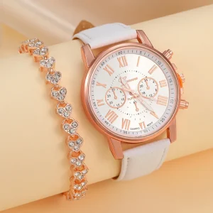 NYY Luxury Leather Strap Women’s Quartz Watch Set with Triple Eyelid Roman Dial Fashionable Couple’s Watch