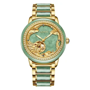 Natural Green Jadeite Hollow Dragon Engraved Automatic Mechanical Gold Plated Diamond Bezel Mens Business Wrist Watch