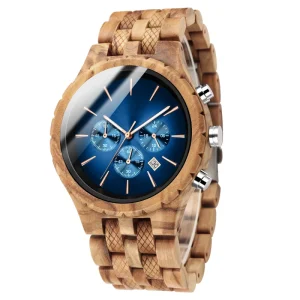 Natural Handcrafted Walnut Wood Men’s Quartz Chronograph Business Antique Sport Watch, 48mm