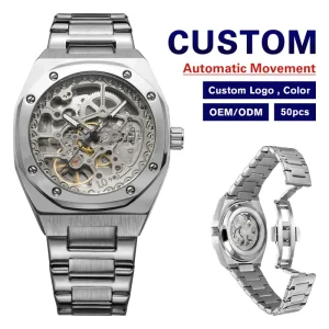 New Design Luxury Business Stainless Steel Automatic Mechanical Hollow Watch for Men