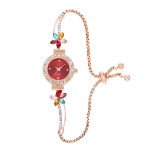 New Eco Friendly Fashion Sweet Fresh Diamond Flower Chain Small Women’s Quartz Glass Acrylic Bracelet Watch Jewelry Set