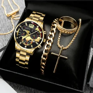 New Fashion Human Translation Men’s Steel Band Watch Business Calendar Watch with Popular Bracelet Set for Men’s Gift Set