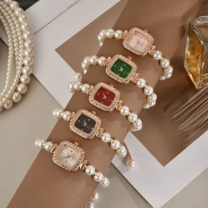 New Fashion Pearl Thin Strap Adjustment Bracelet Diamond Inlaid Square Women’s Quartz Watch Accept OEM