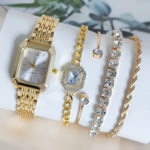 New Luxury Stainless Steel Band Women’s Watches Bracelet Set Fashionable Simple Square Quartz Waterproof Bracelet Set Wristwatch