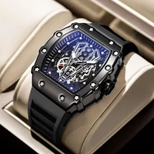New Men Watch Tonneau Shaped Skeleton Watches Men Luxury Male Watch Sports Waterproof Quartz Watches