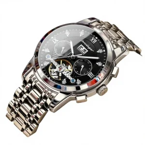 New Men’s Automatic Mechanical Watch Tourbillon Stainless Steel 50m Water Resistant Luminous Calendar