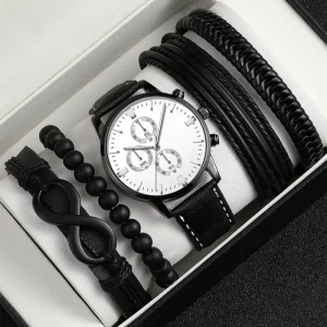New Men’s Casual Fashion Sports Watch with Leather Band Quartz Movement Business Trendy Bracelet Set for Foreign Trade