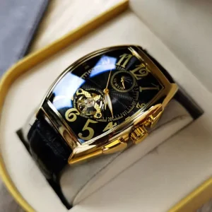 New Men’s Mechanical Waterproof Barrel Shaped Hollow Out Leather Strap Watch Pointer Stylish Trendy Wristwatch 50m