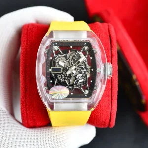 New Popular Style Crystal Case Rubber Strap Sapphire Crystal Men’s Mechanical Watch Power Reserve 24mm High End for Casual Wear