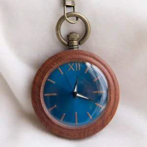 New Round Vintage Wooden Pocket Watch Back Engraving Chain Bule Dial