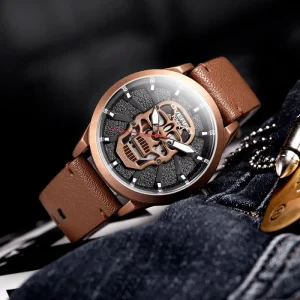New Style Alloy Fashion Mens Quartz Skull Watch with Leather & Stainless Steel Band Private Label Logo Customized for Boys