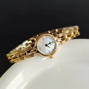 New Vintage Gold Tone Women’s Watch Mini Round Mother of Pearl Dial Slim Strap Bracelet Quartz Wristwatch for Women