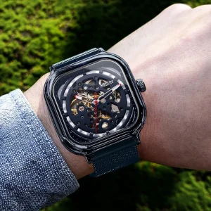 Nishang Square Men’s Automatic Mechanical Skeletonized Waterproof Luminescent Fashionable Men’s Watch 9505