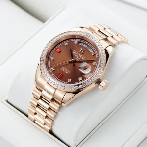 OBLVLO Designer Men’s Luxury Automatic Watch Rose Gold Brown Date Vintage Style Luminous Bezel Waterproof Bracelet 41mm RX DD