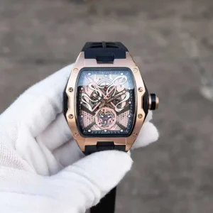 OBLVLO Designer Mens Skeleton Sport Watch Automatic Movement Tonneau Rubber Band Waterproof Mechanical Features Hollow ZM