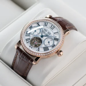 OBLVLO Luxury Men’s Multifunction Automatic Watch Classic Roman Numerals Diamond Bezel Leather Strap Mechanical Bracelet Watches