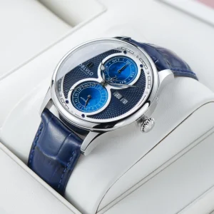 OBLVLO Men’s 24 Hour Display Multifunctional Automatic Mechanical Watch Classic Blue Leather Strap Luminous Luxury Wristwatch AM